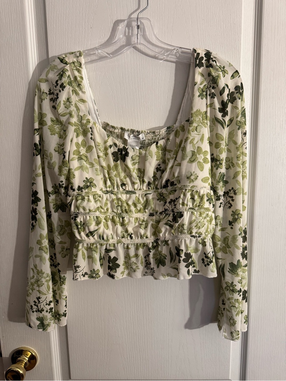 Floral Square-Neck Peplum Blouse in Green and White
